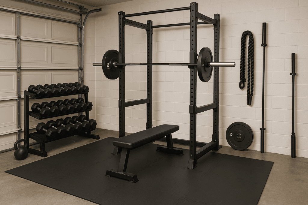 a plate rack and weight bench in a home garage gym