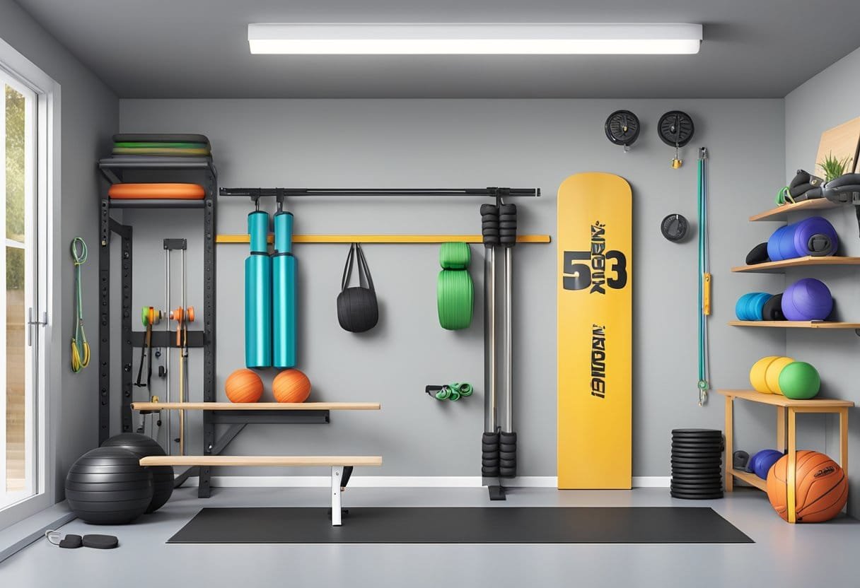 A one-car garage with a weight bench, dumbbells, resistance bands, yoga mat, jump rope, and wall-mounted storage for equipment