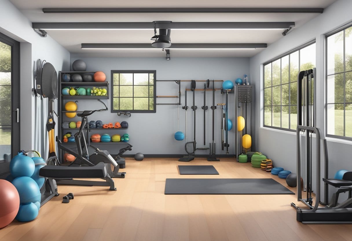 A one-car garage with gym equipment arranged to optimize space for effective layout