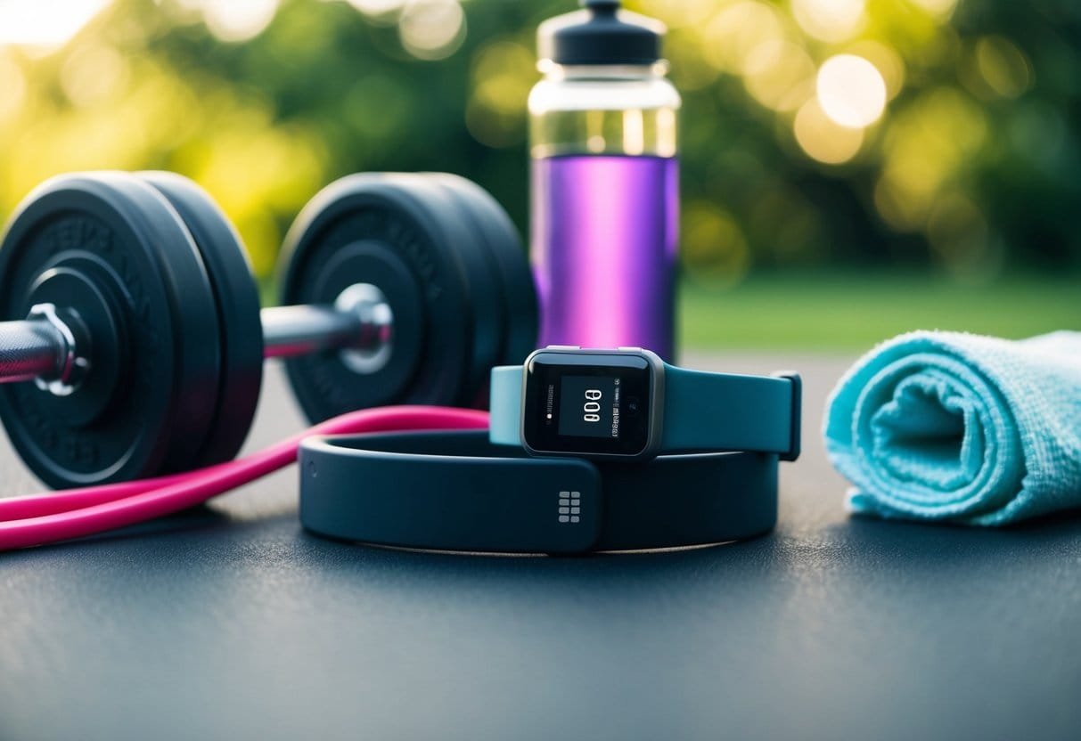 A fitness tracker placed next to a set of weights and resistance bands, with a water bottle and towel nearby