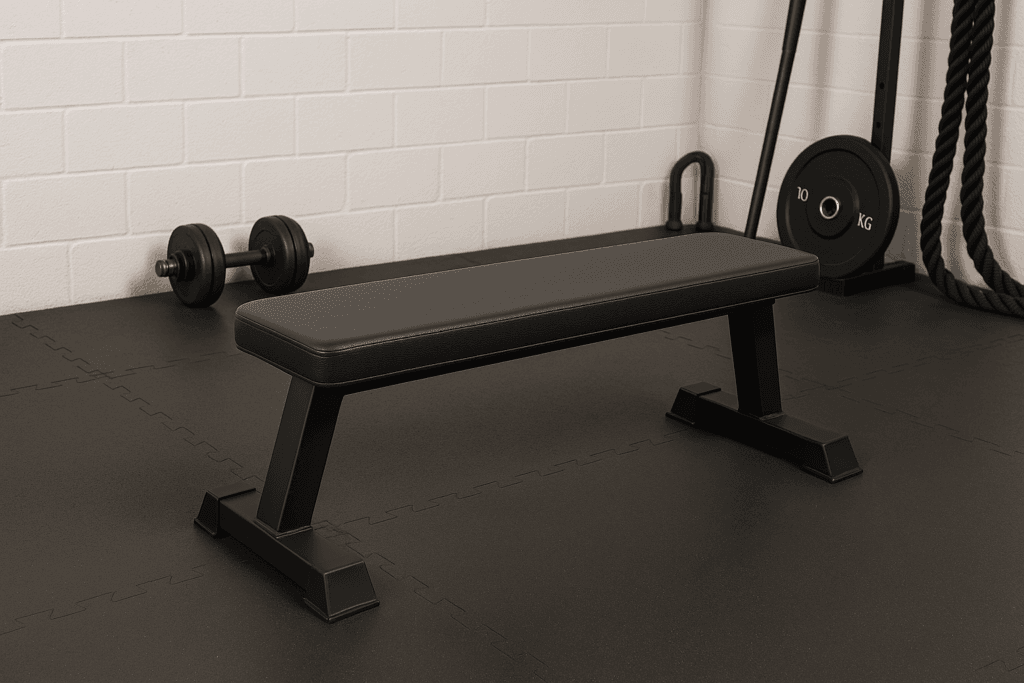 A flat weight bench in a gym